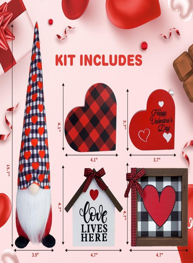CRCZK Valentine's Day Tiered Tray Decor 5 Pcs Set with 1 Black and White Buffalo Check Gnome Plush 4 Wooden Signs Farmhouse Kitchen Decor for Red Valentine's Day and New Year's Day Decoration - Image 2